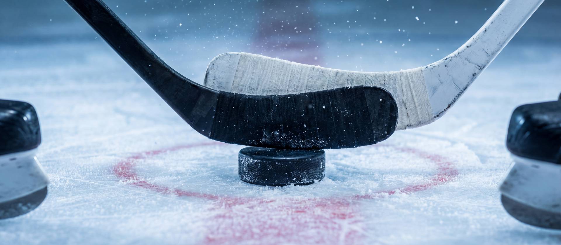 Close-Up of Ice Hockey Sticks and Puck on Ice Rink Highlighting Action and Motion Spray. Image made using Generative AI.