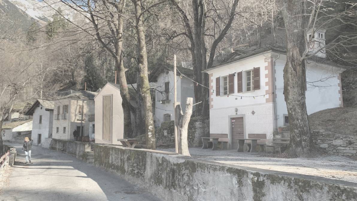 Aussenvisualisierung der renovierten Crotti in ihrer Umgebung in Bondo (GR). (Bild: Lucas Buschauer)