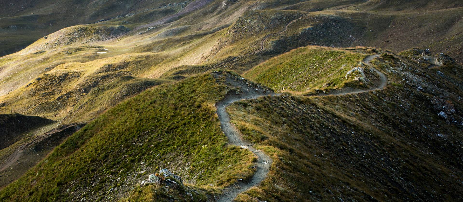 Ein Bike-Weg schlängelt sich über die hügelige Landschaft Graubündens.
