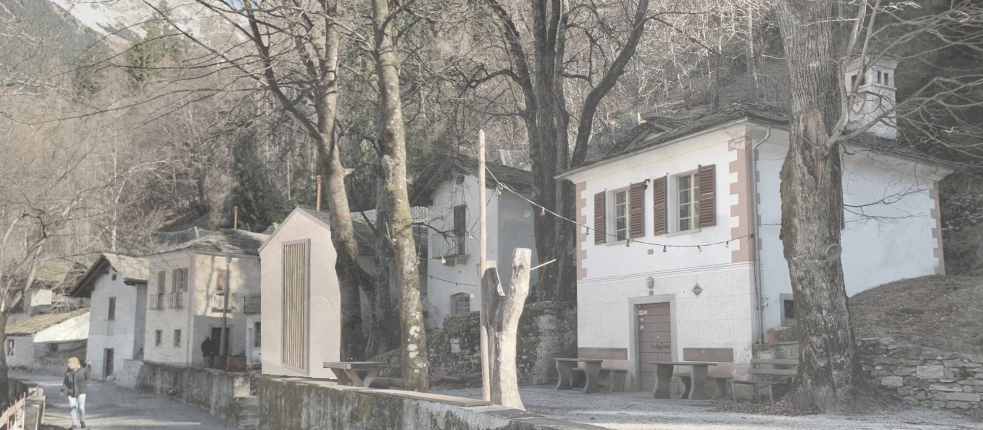 Aussenvisualisierung der renovierten Crotti in ihrer Umgebung in Bondo (GR). (Bild: Lucas Buschauer)