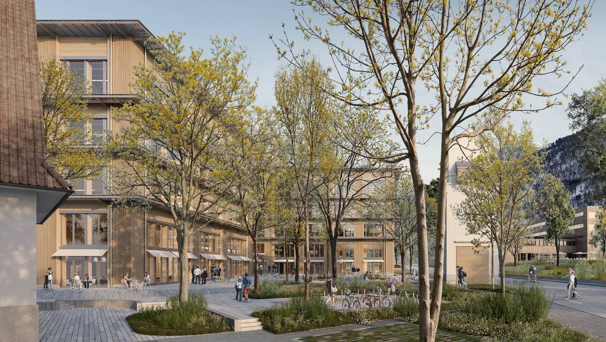 Ein moderner, offener Campus mit Holzbauelementen aus Graubünden und einladenden Begegnungszonen.