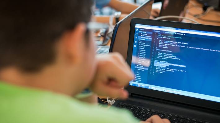 Fachpraktikum Junger Mann schaut in einen Laptopbildschirm.