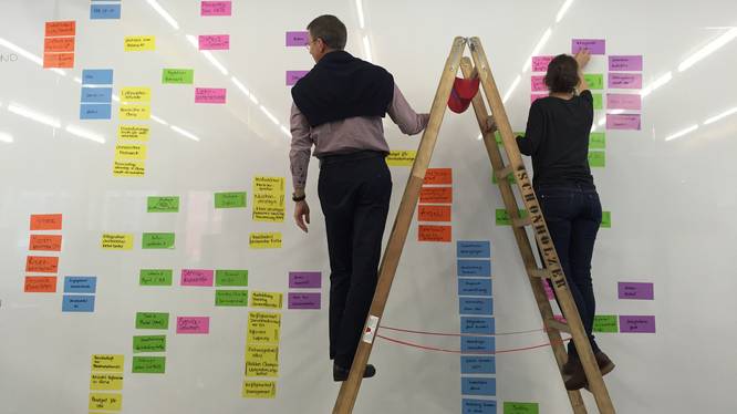 Leute stehen auf Leiter und kleben Post-its an die Wand