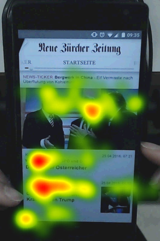 	Eye-Tracking-Heatmap auf der mobilen NZZ-Startseite: rote Hotspots auf einem Gesicht im Bild und am Anfang der Schlagzeilen.