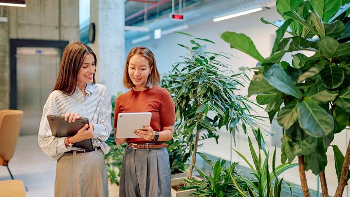 Zwei Studentinnen stehen in einem hellen, begrünten Raum und schauen gemeinsam auf ein Tablet