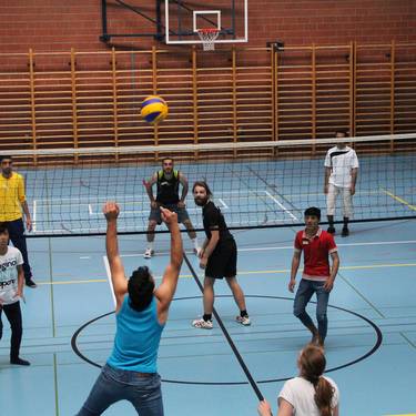 Studierende am Volleyball spielen.