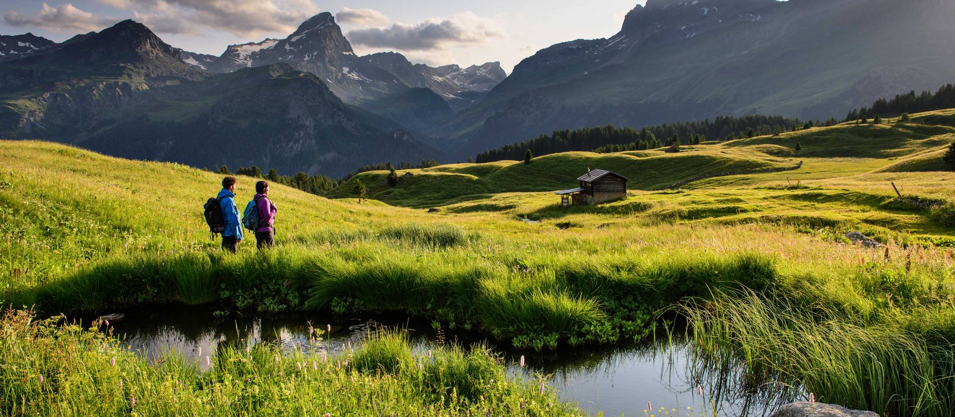 Eine Frau und ein Mann blicken beim Wandern auf die von der Sonne belichteten Natur der Alp Flix. 