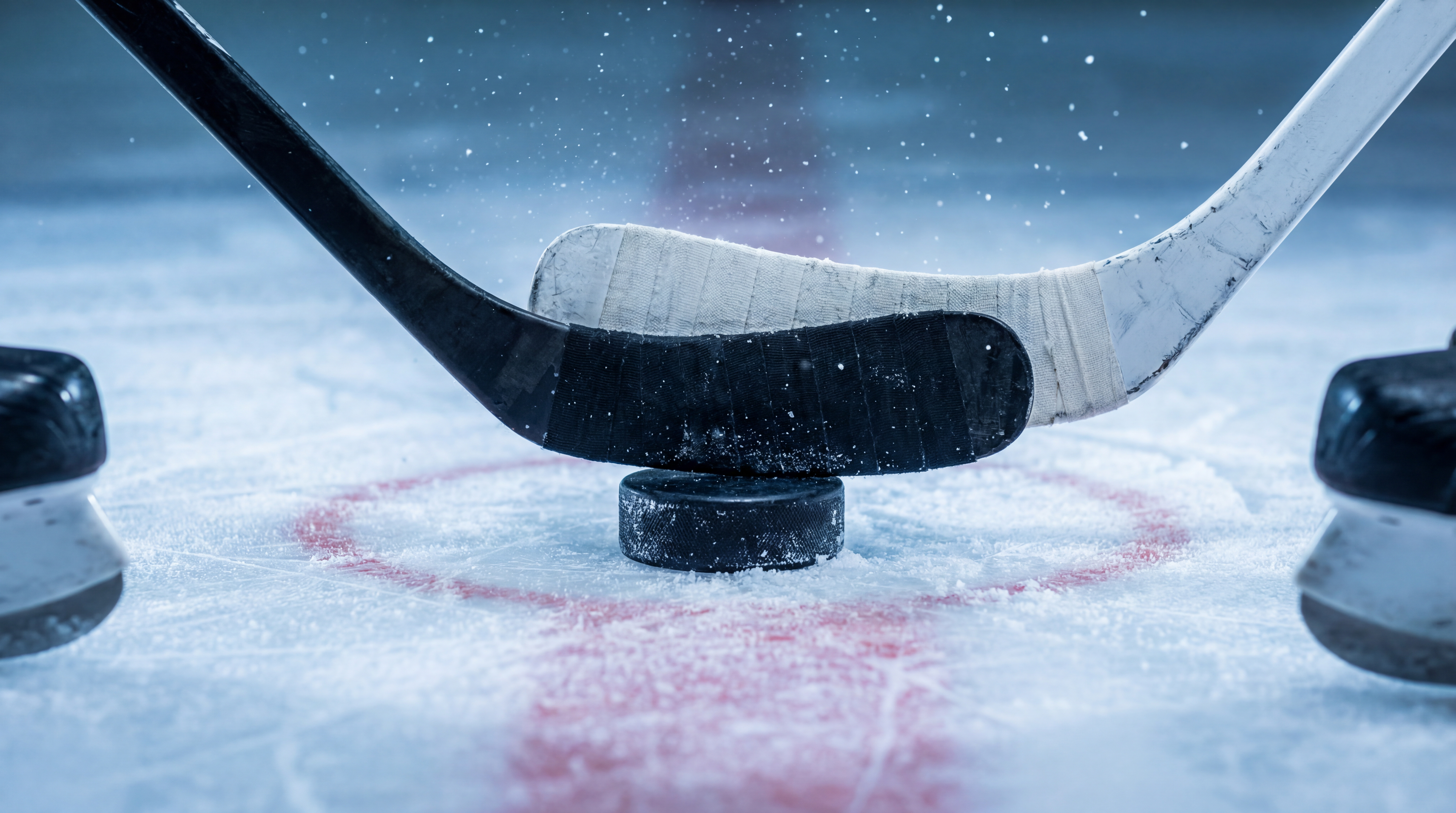 Close-Up of Ice Hockey Sticks and Puck on Ice Rink Highlighting Action and Motion Spray. Image made using Generative AI.